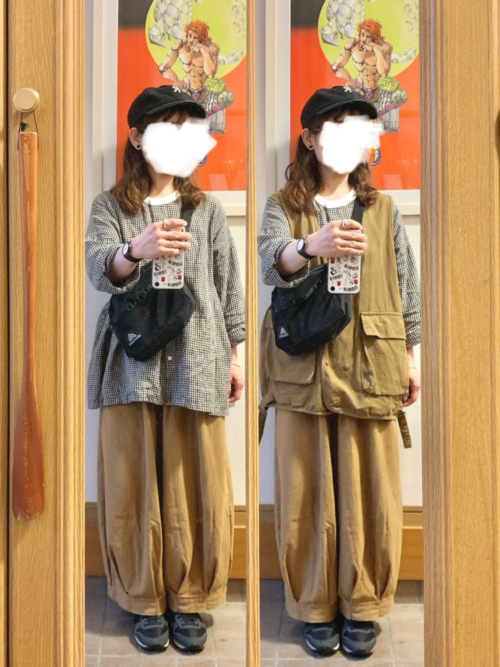 「昨日のコーデ、昨日の服、キャップ、古着、ベスト、リネンシャツ、ゆるコーデ、雨の日コーデ」｜「マルシェ購入品のアイテム（キャップ、ブラック系）」を使った、まっきさん（レディース・150cm）の夏コーディネートの1枚目の写真