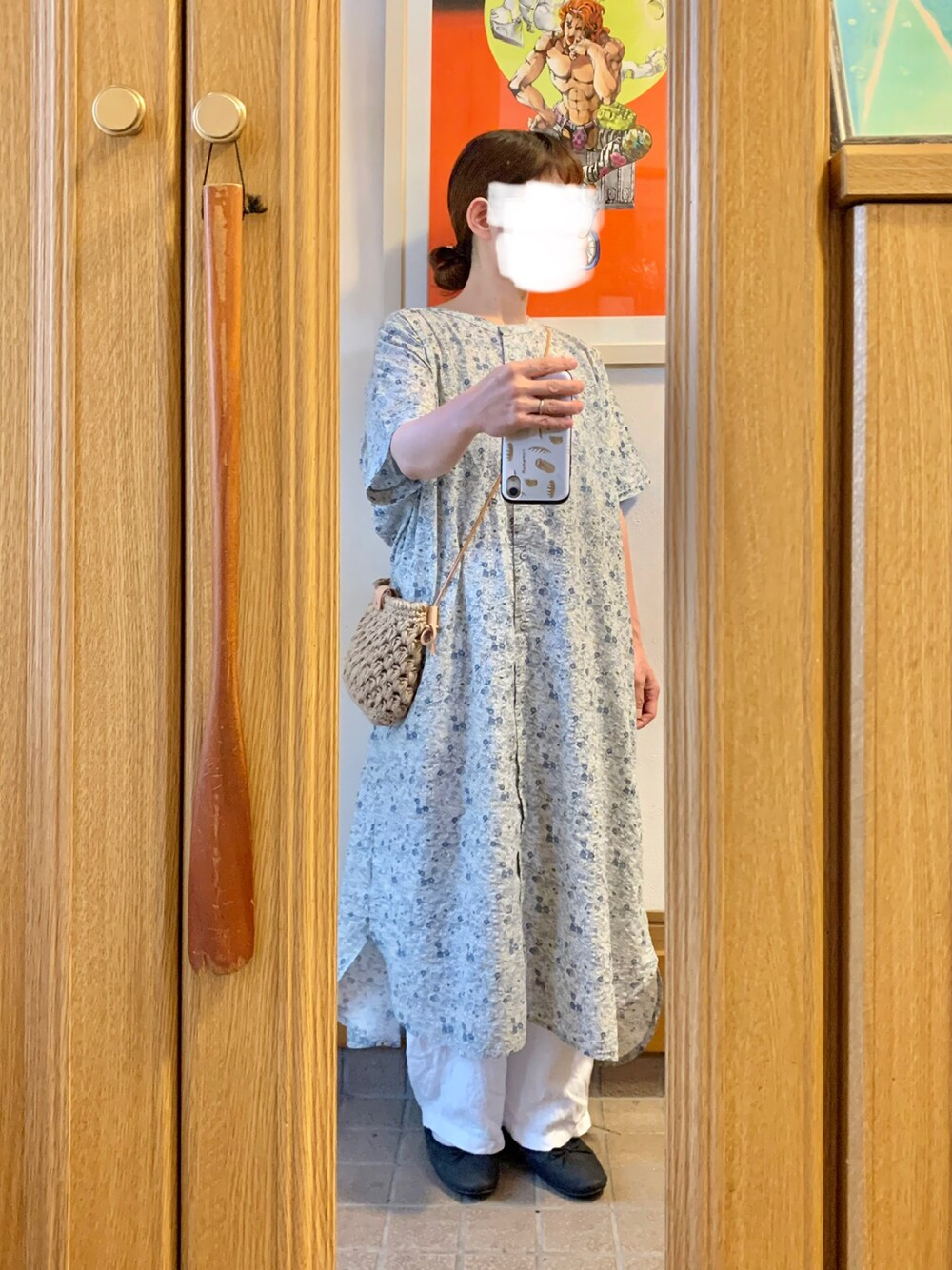 「今日のコーデ、今日の服、花柄ワンピース、リネンパンツ、バレエシューズ」｜「CLOUDNINEのアイテム（シャツワンピース、ブルー系）」を使った、まっきさん（レディース・150cm）の夏コーディネートの1枚目の写真