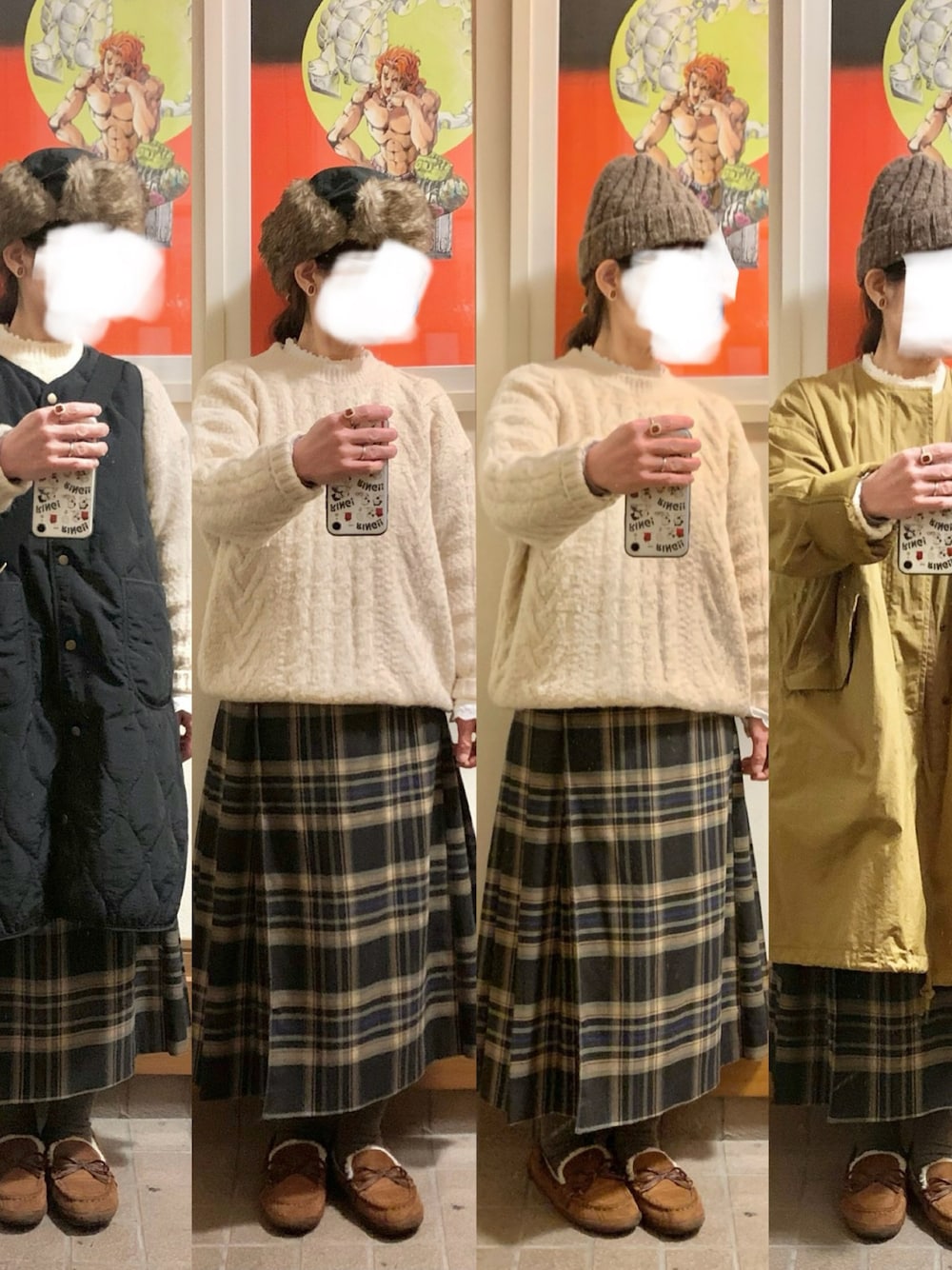 「昨日のコーデ、昨日の服、ニット帽、ニット、モッズコート、モカシン」｜「古着のアイテム（ニット/セーター、ホワイト系）」を使った、まっきさん（レディース・150cm）の冬コーディネートの1枚目の写真
