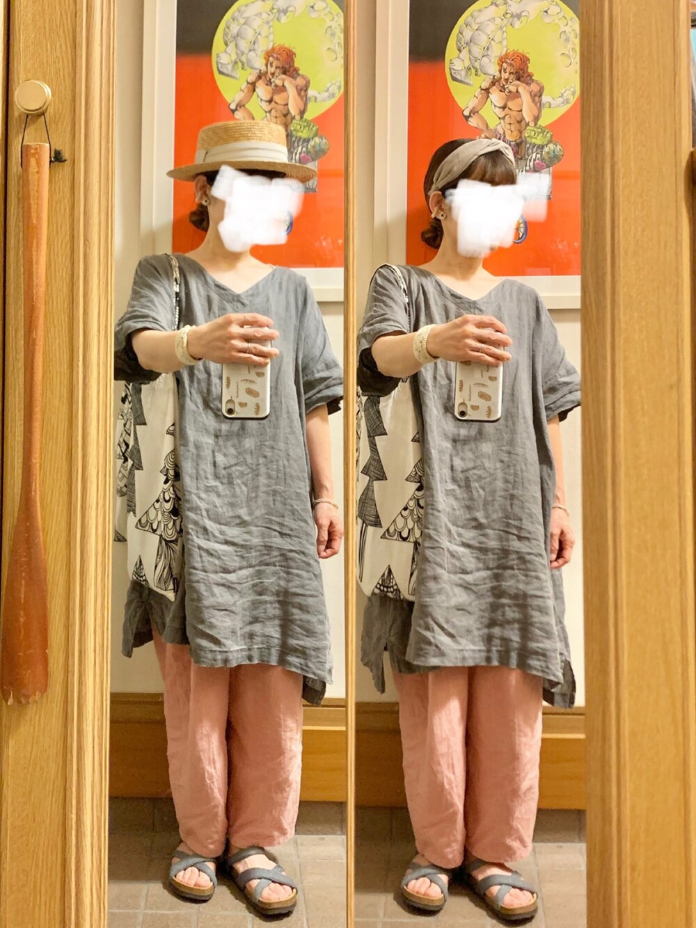 「昨日のコーデ、昨日の服、麦わら帽子、カチューシャ、ピンクとグレー」｜「Samansa Mos2のアイテム（ワンピース、グレー系）」を使った、まっきさん（レディース・150cm）の夏コーディネートの1枚目の写真