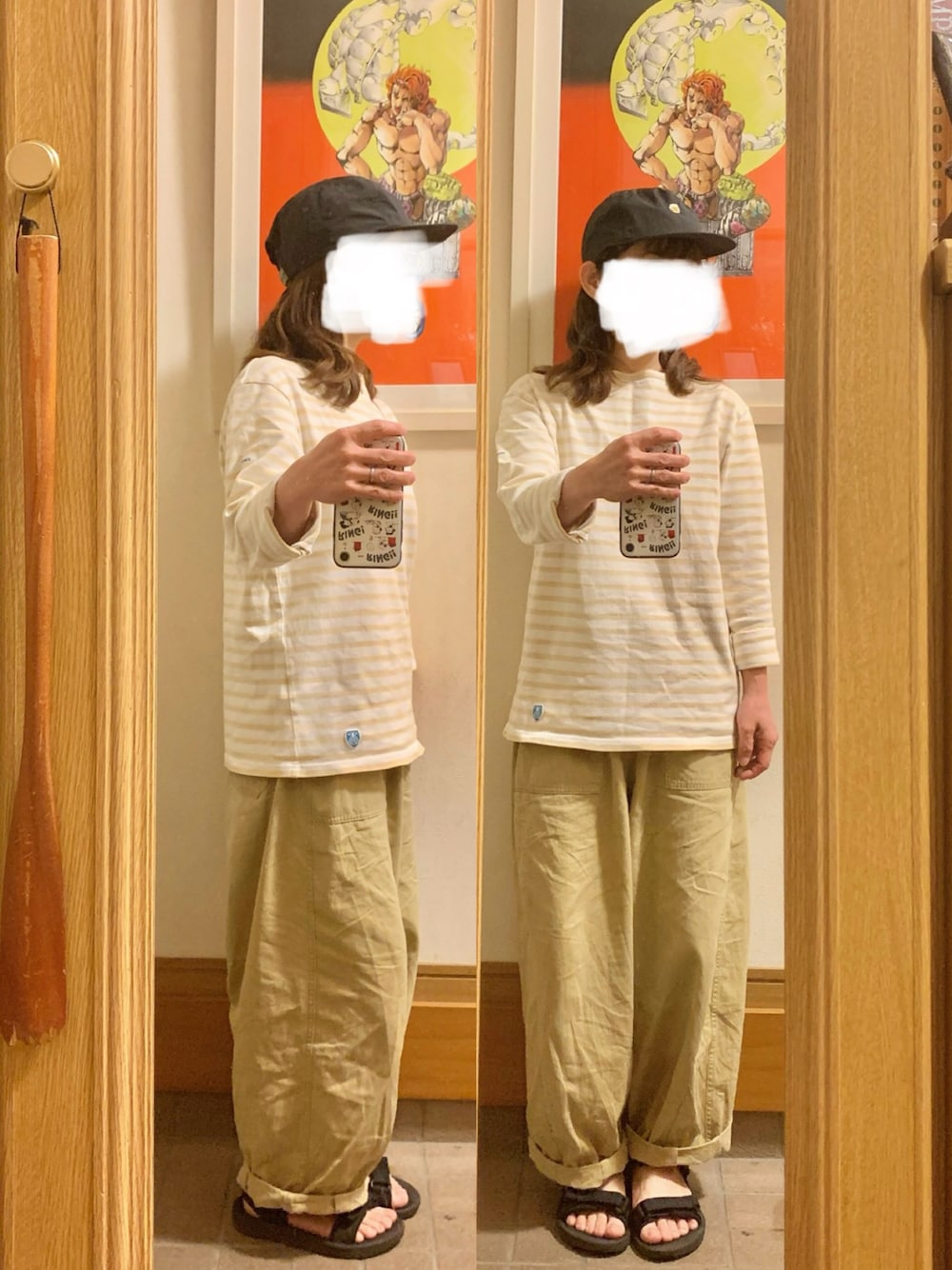 「昨日のコーデ、昨日の服、キャップ、古着コーデ、古着、ボーダー、スポサン」｜「UNIQLOのアイテム（サンダル、ブラック系）」を使った、まっきさん（レディース・150cm）の春コーディネートの1枚目の写真
