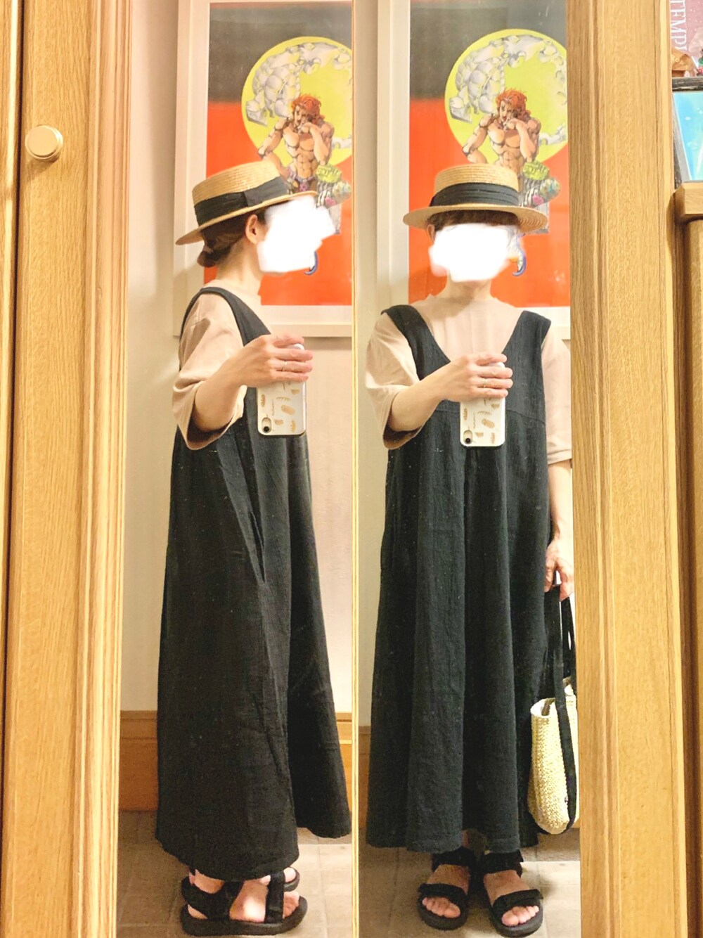 「昨日のコーデ、昨日の服、麦わら帽子、くすみピンク、ピンクと黒、スポサン」｜「マルシェ購入品のアイテム（ジャンパースカート、ブラック系）」を使った、まっきさん（レディース・149cm）の夏コーディネートの1枚目の写真