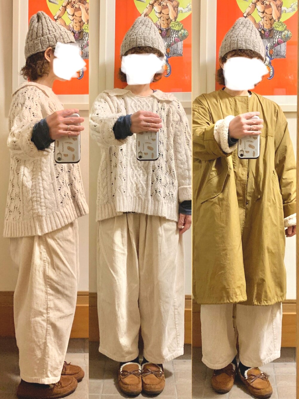 「昨日のコーデ、昨日の服、ニット、モッズコート、コーデュロイパンツ、モカシン」｜「Samansa Mos2の柄編み衿付ニット（ニット/セーター、ホワイト系）」を使った、まっきさん（レディース・149cm）の冬コーディネートの1枚目の写真