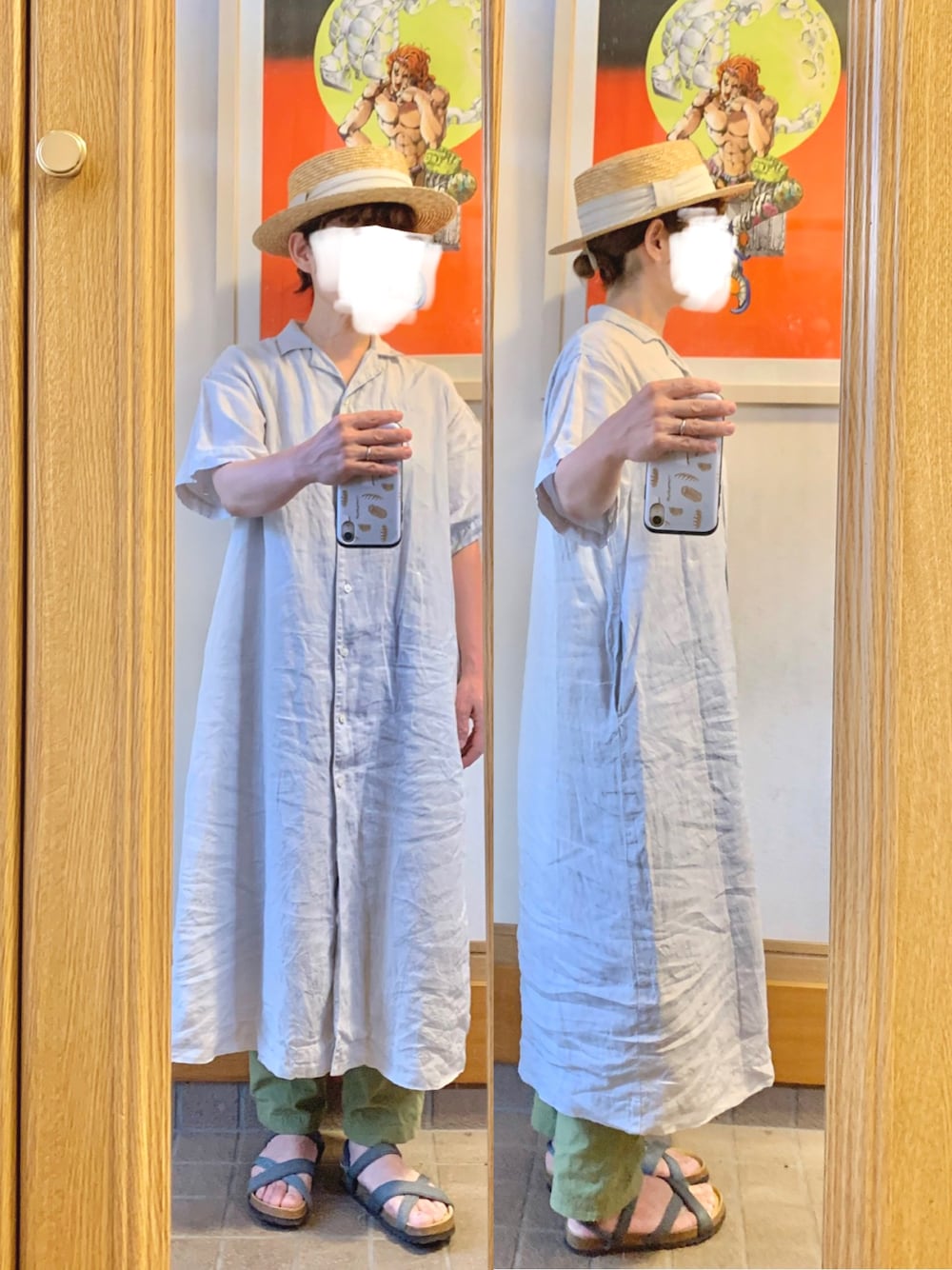 「昨日のコーデ、昨日の服、麦わら帽子、開襟シャツワンピース、冷感接触パンツ」｜「無印良品のアイテム（シャツワンピース、グレー系）」を使った、まっきさん（レディース・149cm）の秋コーディネートの1枚目の写真
