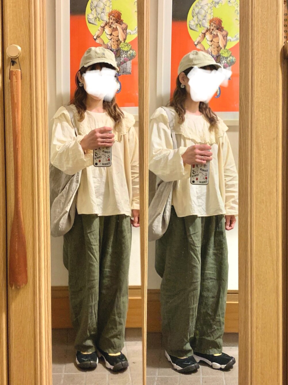 「昨日のコーデ、昨日の服、キャップ、黄色とカーキ」｜「Samansa Mos2の襟ラウンドレースブラウス（シャツ/ブラウス、ホワイト系）」を使った、まっきさん（レディース・150cm）の春コーディネートの1枚目の写真