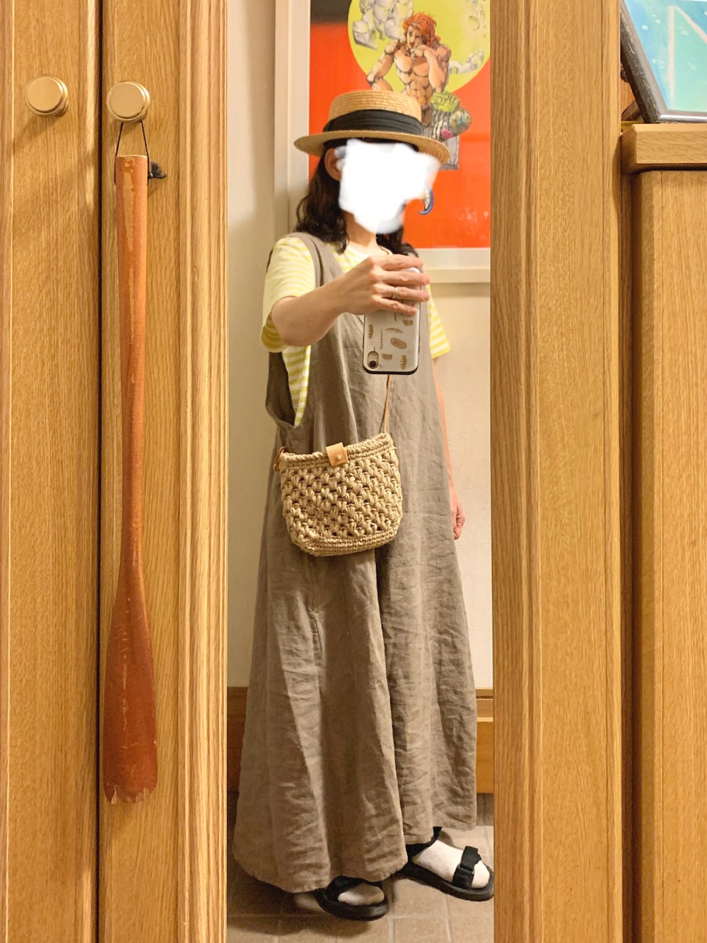 「昨日のコーデ、昨日の服、ボーダー、古着、マルシェ購入品、スポサン」｜「作家メイドのアイテム（ショルダーバッグ、ベージュ系）」を使った、まっきさん（レディース・150cm）の秋コーディネートの1枚目の写真