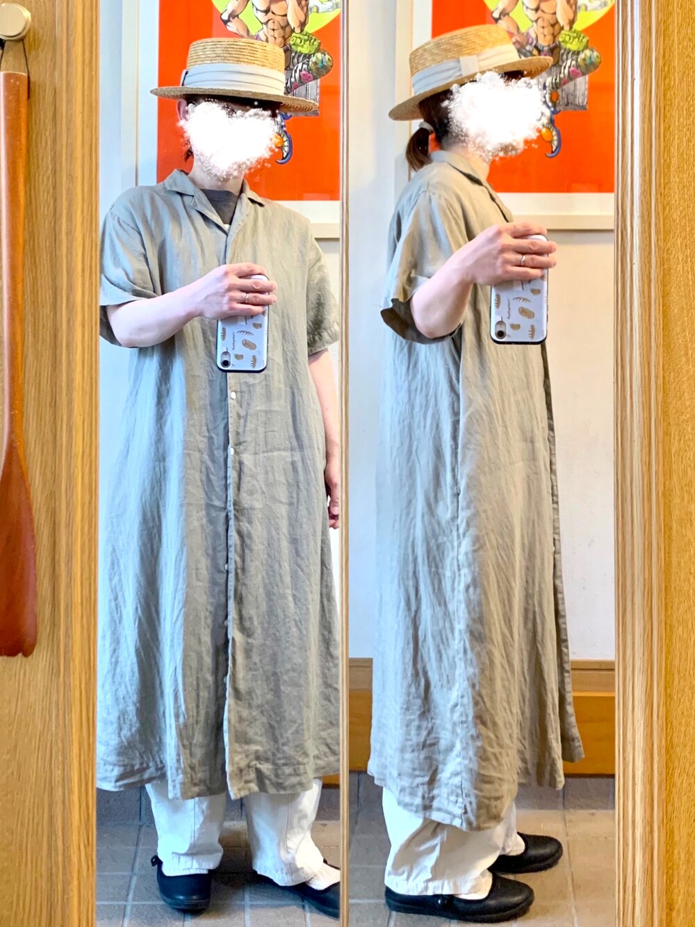 「今日のコーデ、今日の服、麦わら帽子、開襟シャツワンピース、シンプルコーデ、古着」｜「14+の麦ブレードカンカン帽（ハット、ホワイト系）」を使った、まっきさん（レディース・149cm）の夏コーディネートの1枚目の写真