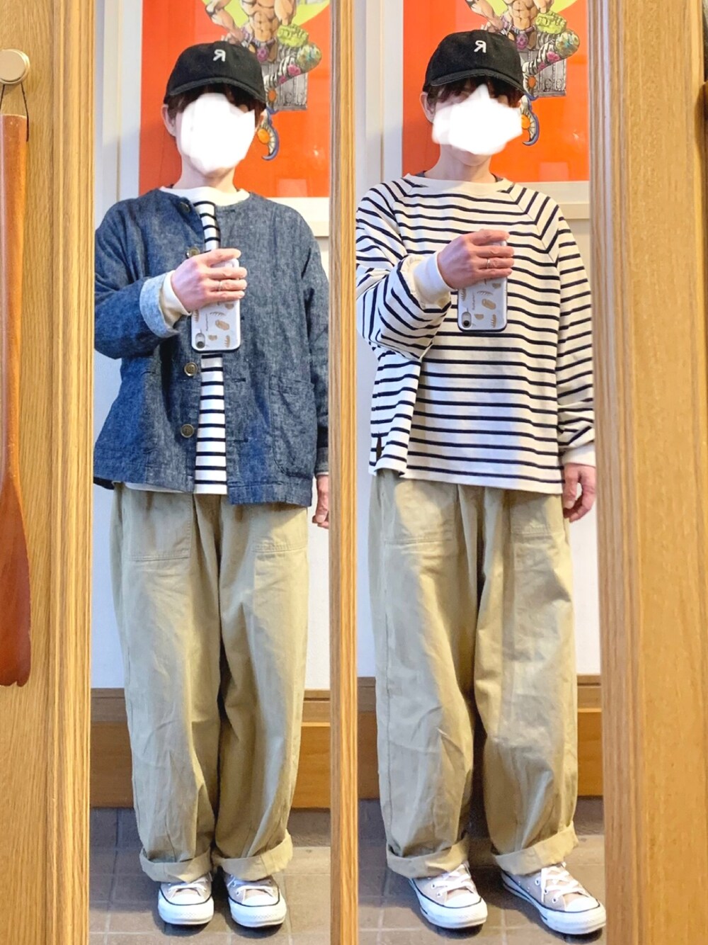 「昨日のコーデ、キャップ、ボーダー、古着」｜「studio CLIPのアイテム（パンツ、ベージュ系）」を使った、まっきさん（レディース・149cm）の春コーディネートの1枚目の写真