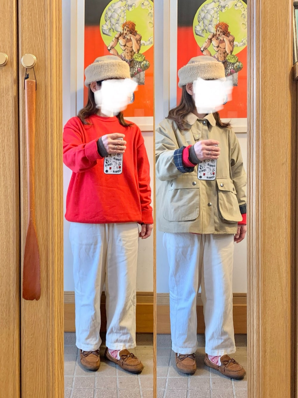 「昨日のコーデ、昨日の服、赤、ハンティングジャケット、モカシン」｜「CIAOPANIC TYPYの【ユニセックス】シルクタッチウォッシャブルビックシルエットニット（ニット/セーター、レッド系）」を使った、まっきさん（レディース・150cm）の冬コーディネートの1枚目の写真