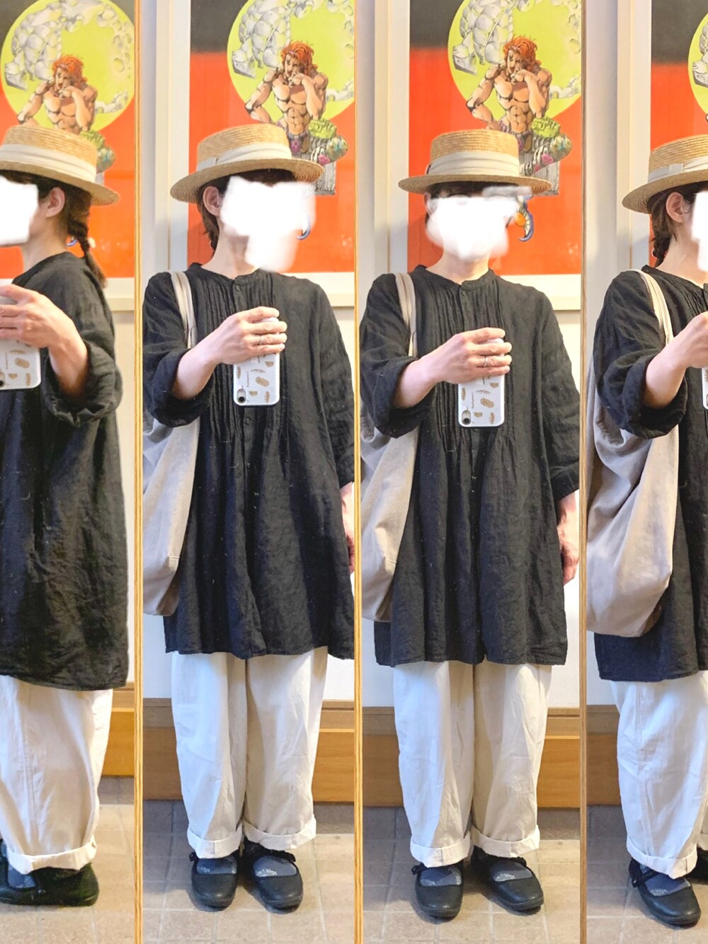 「今日のコーデ、今日の服、ゆるコーデ、モノトーンコーデ、古着」｜「14+の麦ブレードカンカン帽（ハット、ブラック系）」を使った、まっきさん（レディース・149cm）の夏コーディネートの1枚目の写真