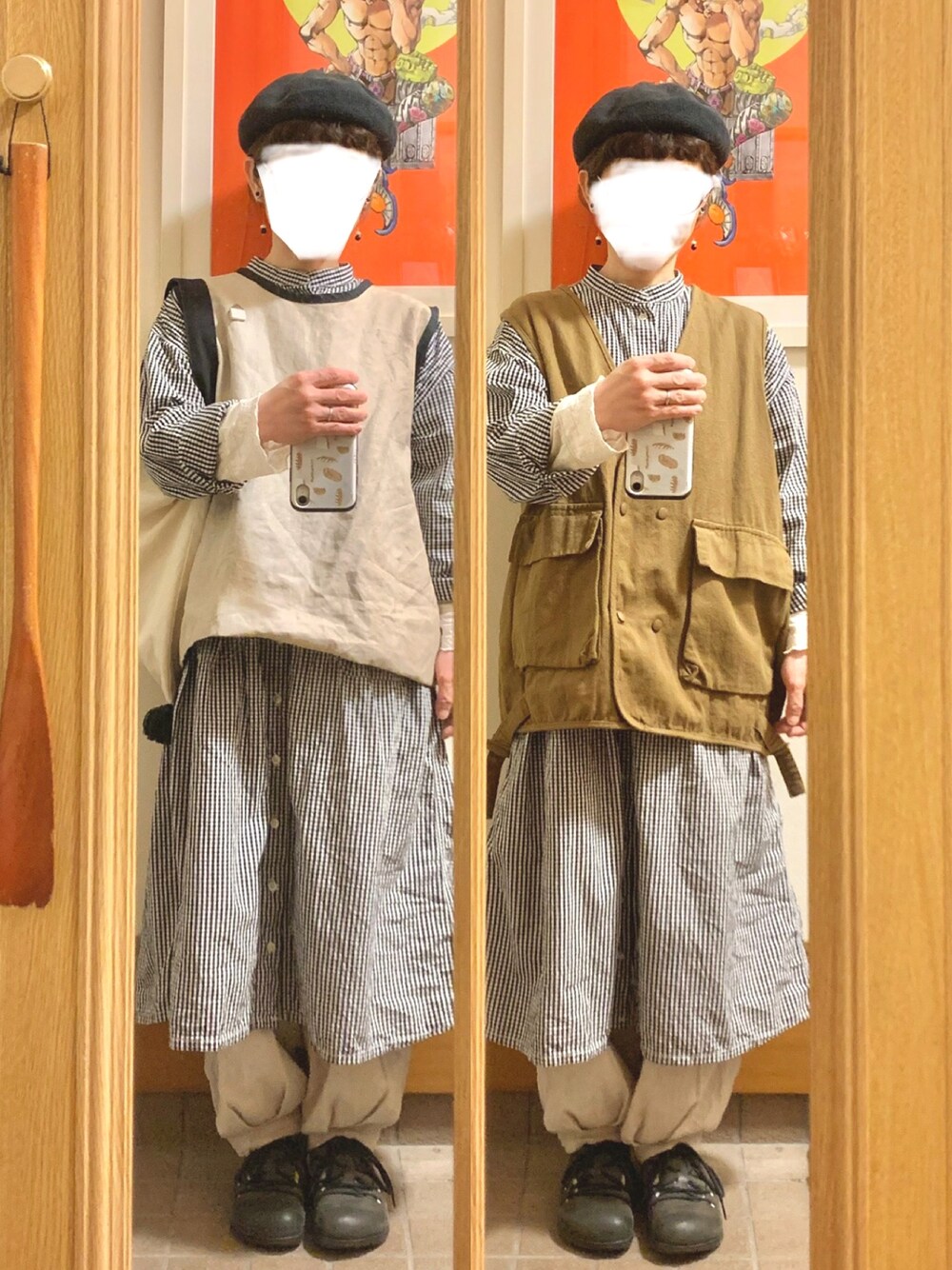 「昨日のコーデ、昨日の服、ベレー帽、ギンガムチェック、古着、モノトーンコーデ、モンタナ」｜「作家メイドのアイテム（ベスト、その他）」を使った、まっきさん（レディース・149cm）の春コーディネートの1枚目の写真