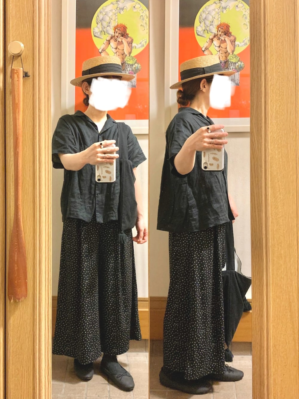 「昨日のコーデ、昨日の服、リネンシャツ、開襟シャツ、ひんやり素材、水玉」｜「14+のアイテム（ハット、ブラック系）」を使った、まっきさん（レディース・150cm）の夏コーディネートの1枚目の写真