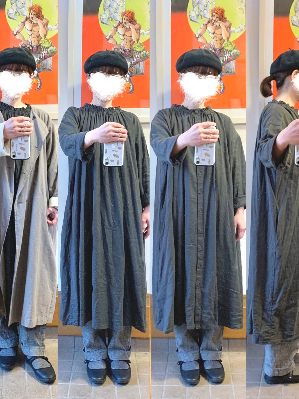 「今日のコーデ、今日の服、ベレー帽、古着、前後着、グレンチェック、グレー」｜「studio CLIPのアイテム（ワンピース、グレー系）」を使った、まっきさん（レディース・149cm）の春コーディネートの1枚目の写真