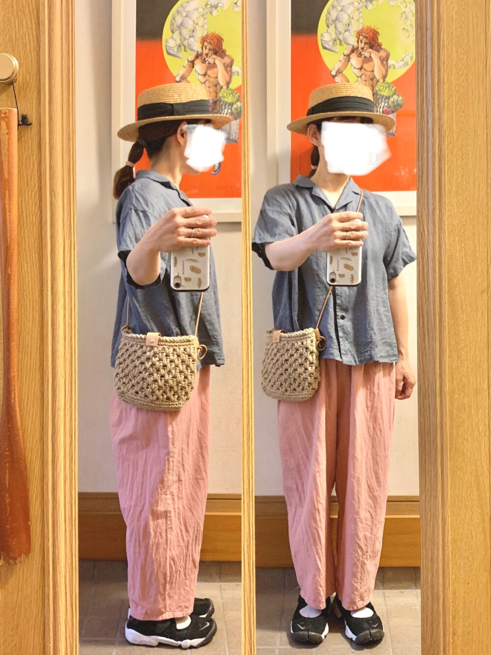 「一昨日のコーデ、麦わら帽子、開襟シャツ、ピンク、ピンクとグレー、エアリフト、麻紐バック」｜「14+のアイテム（ハット、ブラック系）」を使った、まっきさん（レディース・150cm）の夏コーディネートの1枚目の写真
