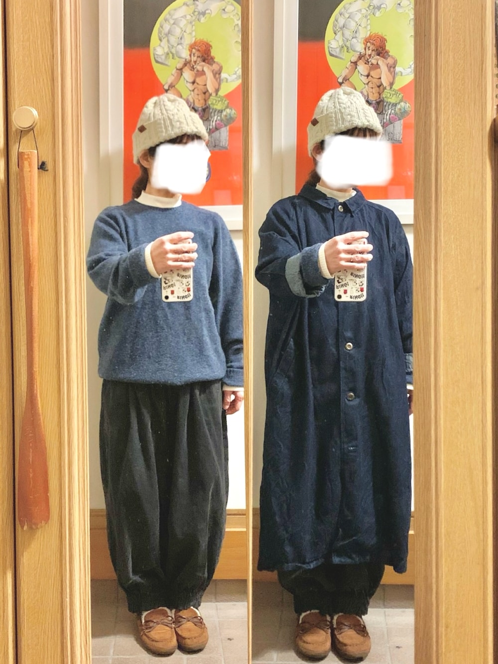 「昨日のコーデ、昨日の服、ニット帽、ニット、メンズアイテム、デニムコート、モカシン、コーデュロイパンツ」｜「UNIQLOのアイテム（ニット/セーター、ブルー系）」を使った、まっきさん（レディース・150cm）の冬コーディネートの1枚目の写真