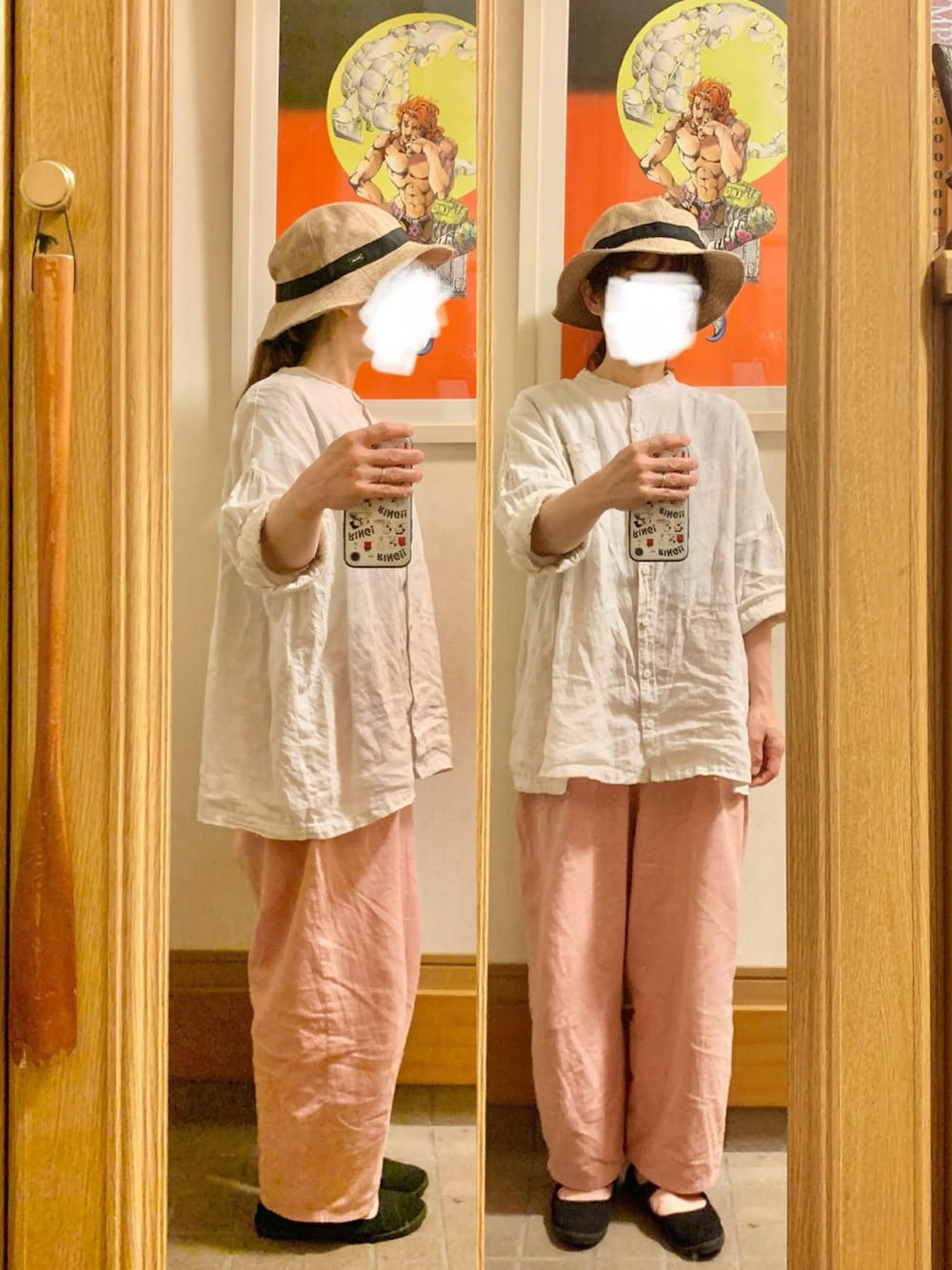 「昨日のコーデ、昨日の服、リネンシャツ、シンプルコーデ」｜「ORCIVALの【ORCIVAL/オーシバル】Raffia Like PE HAT #RC-7146RLP（ハット、ベージュ系）」を使った、まっきさん（レディース・150cm）の夏コーディネートの1枚目の写真