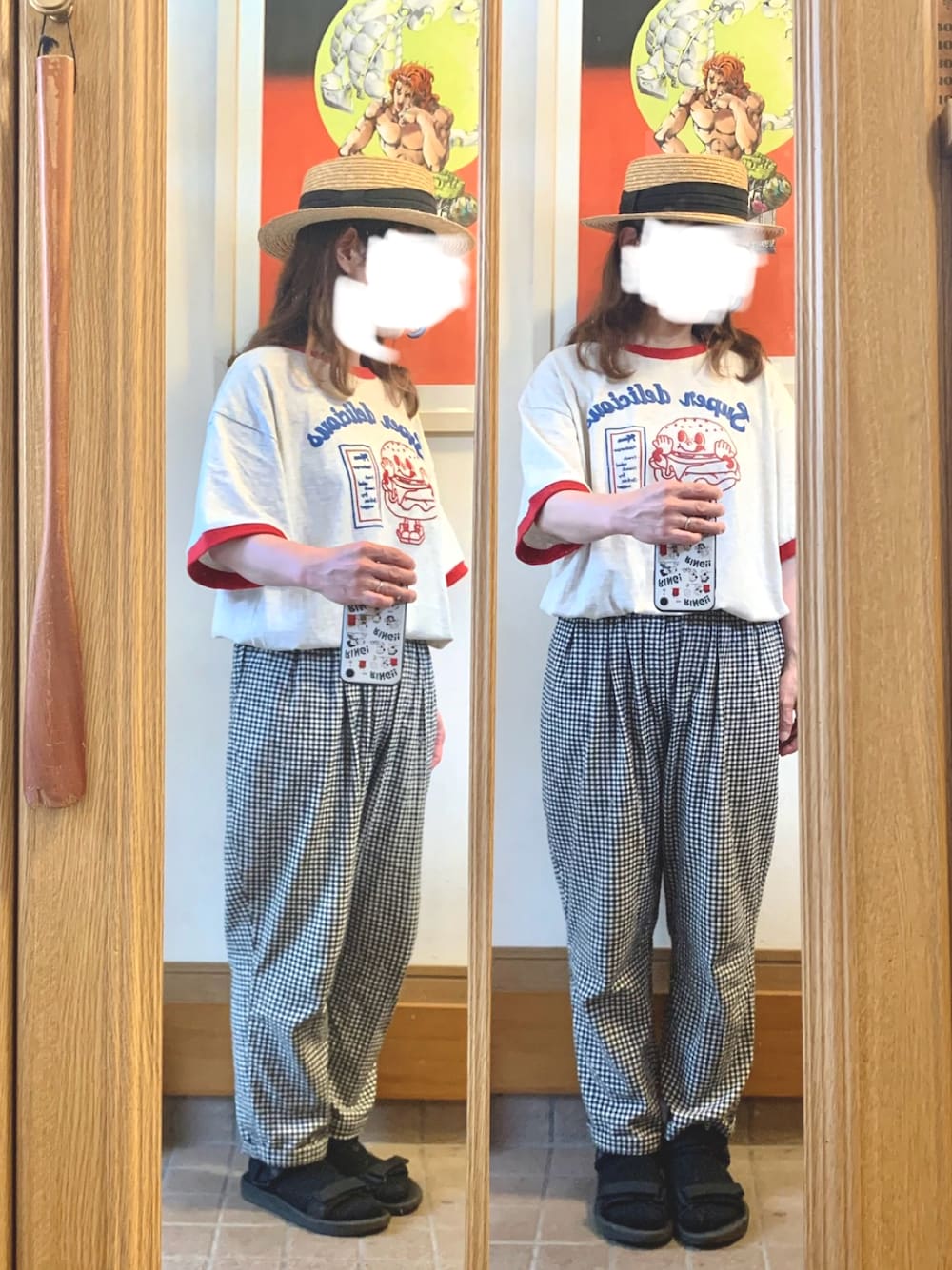 「昨日のコーデ、昨日の服、麦わら帽子、ギンガムチェック、スポサン」｜「しまむらのアイテム（Tシャツ/カットソー、レッド系）」を使った、まっきさん（レディース・150cm）の夏コーディネートの1枚目の写真
