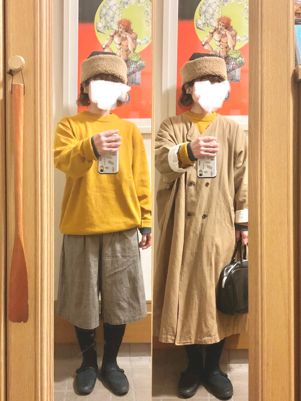 「昨日のコーデ、昨日の服、ニット、メンズアイテム、黄色、チェックパンツ」｜「GUのアイテム（ニット/セーター、イエロー系）」を使った、まっきさん（レディース・149cm）の冬コーディネートの1枚目の写真