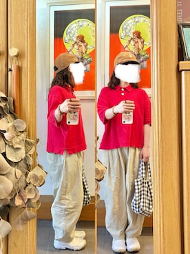 「アイテム（ポロシャツ、レッド系）」を使った、まっきさん（レディース・150cm）の秋コーディネート