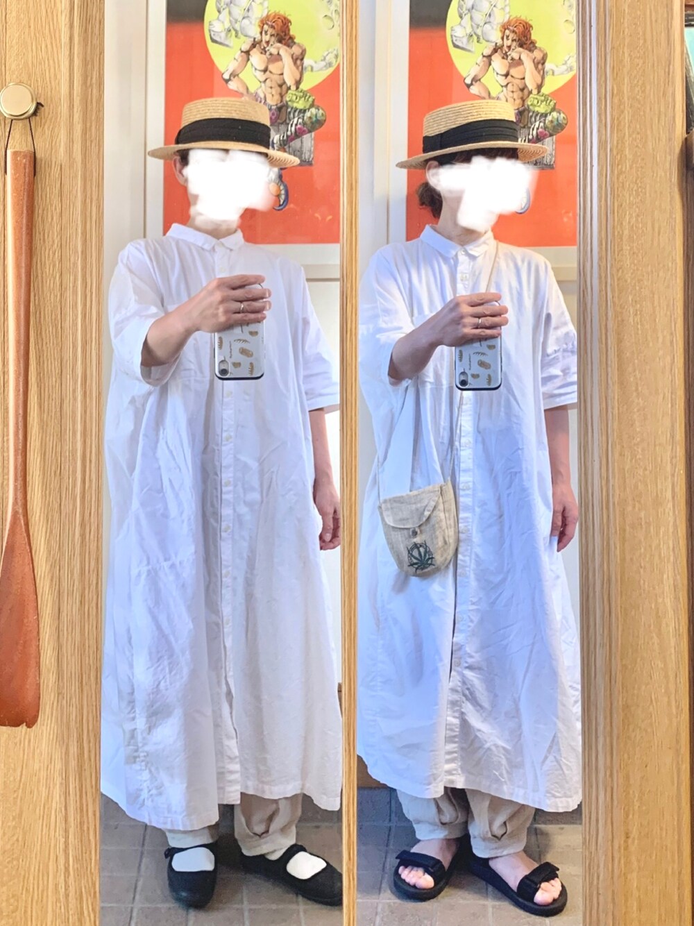 「今日のコーデ、今日の服、シャツワンピ、麦わら帽子、ストラップシューズ、スポサン」｜「14+の麦ブレードカンカン帽（ハット、ブラック系）」を使った、まっきさん（レディース・149cm）の夏コーディネートの1枚目の写真