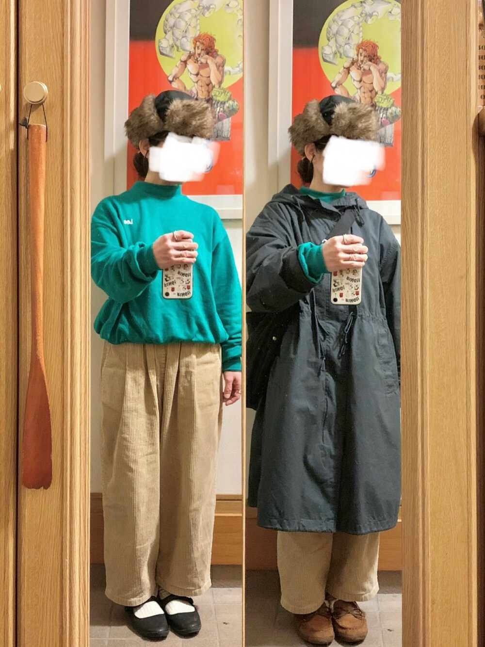 「昨日のコーデ、昨日の服、古着、スウェット、コーデュロイパンツ、モッズコート」｜「LeeのLee×e.m.a.e.バックプリントプルオーバー（スウェット、グリーン系）」を使った、まっきさん（レディース・150cm）の春コーディネートの1枚目の写真