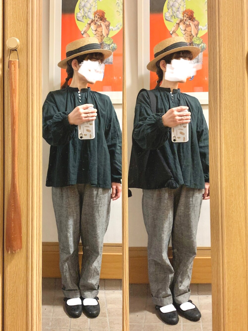 「昨日のコーデ、昨日の服、作家メイド、グレンチェック」｜「14+の麦ブレードカンカン帽（ハット、ブラック系）」を使った、まっきさん（レディース・149cm）の春コーディネートの1枚目の写真