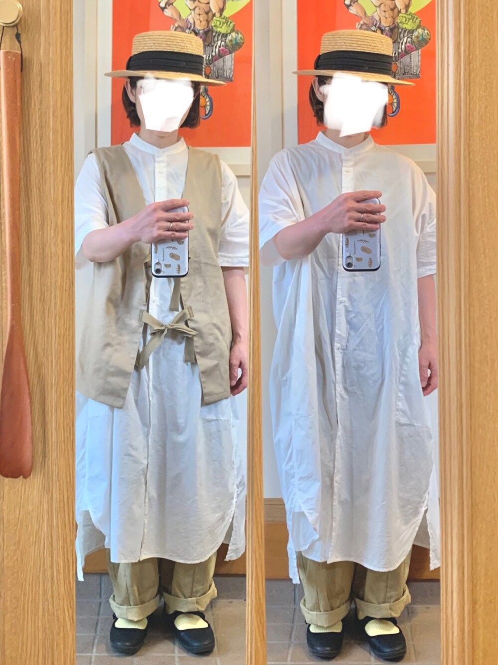 「今日のコーデ、今日の服、麦わら帽子、ベスト、シャツワンピ、ゆるコーデ、古着」｜「14+の麦ブレードカンカン帽（ハット、ブラック系）」を使った、まっきさん（レディース・149cm）の秋コーディネートの1枚目の写真