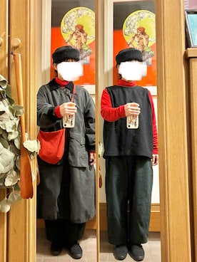 「作家メイドのアイテム（帽子、ブラック系）」を使った、まっきさん（レディース・150cm）の春コーディネート