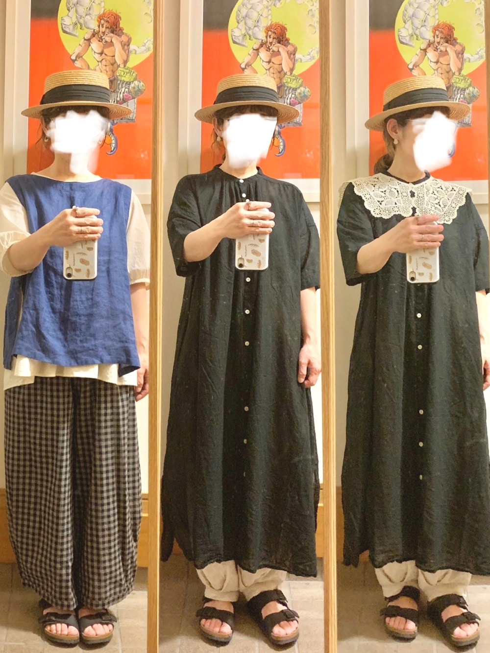 「昨日の買い物、シャツワンピ、シンプルコーデ、つけ襟、ギンガムチェック、夏なのに黒」｜「HEAVENLYのアイテム（ベスト、ブルー系）」を使った、まっきさん（レディース・149cm）の夏コーディネートの1枚目の写真