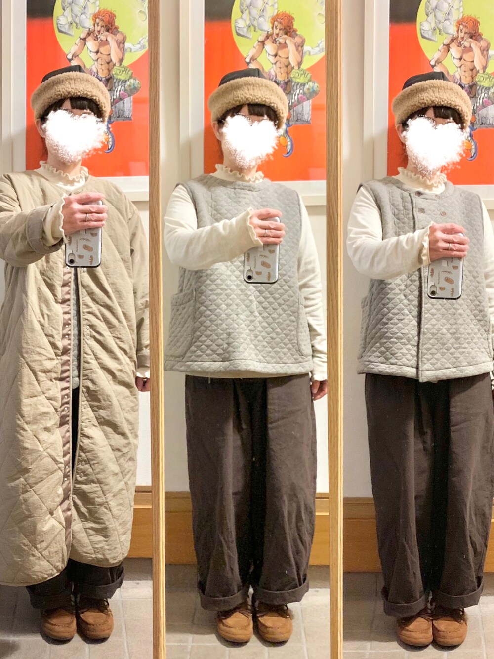 「今日のコーデ、今日の服、ボアハット、ボアキャップ、モカシン、キルティング、ベスト」｜「SUN VALLEYのアイテム（ベスト、ベージュ系）」を使った、まっきさん（レディース・149cm）の冬コーディネートの1枚目の写真
