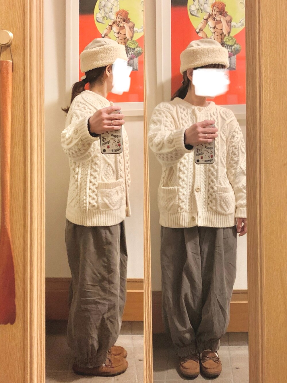 「昨日のコーデ、昨日の服、シンプルコーデ、ニットカーディガン、コーデュロイパンツ、モカシン」｜「作家メイドのアイテム（帽子、ベージュ系）」を使った、まっきさん（レディース・150cm）の冬コーディネートの1枚目の写真