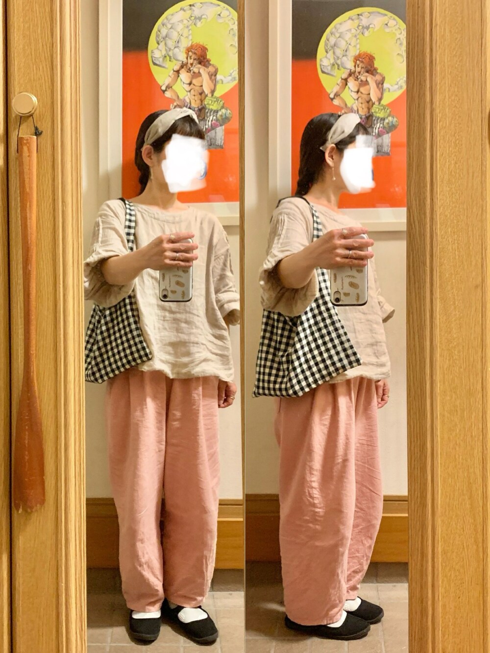 「昨日のコーデ、昨日の服、シンプルコーデ、古着、作家メイド、ピンク」｜「作家メイドのアイテム（ショルダーバッグ、ブラック系）」を使った、まっきさん（レディース・150cm）の秋コーディネートの1枚目の写真