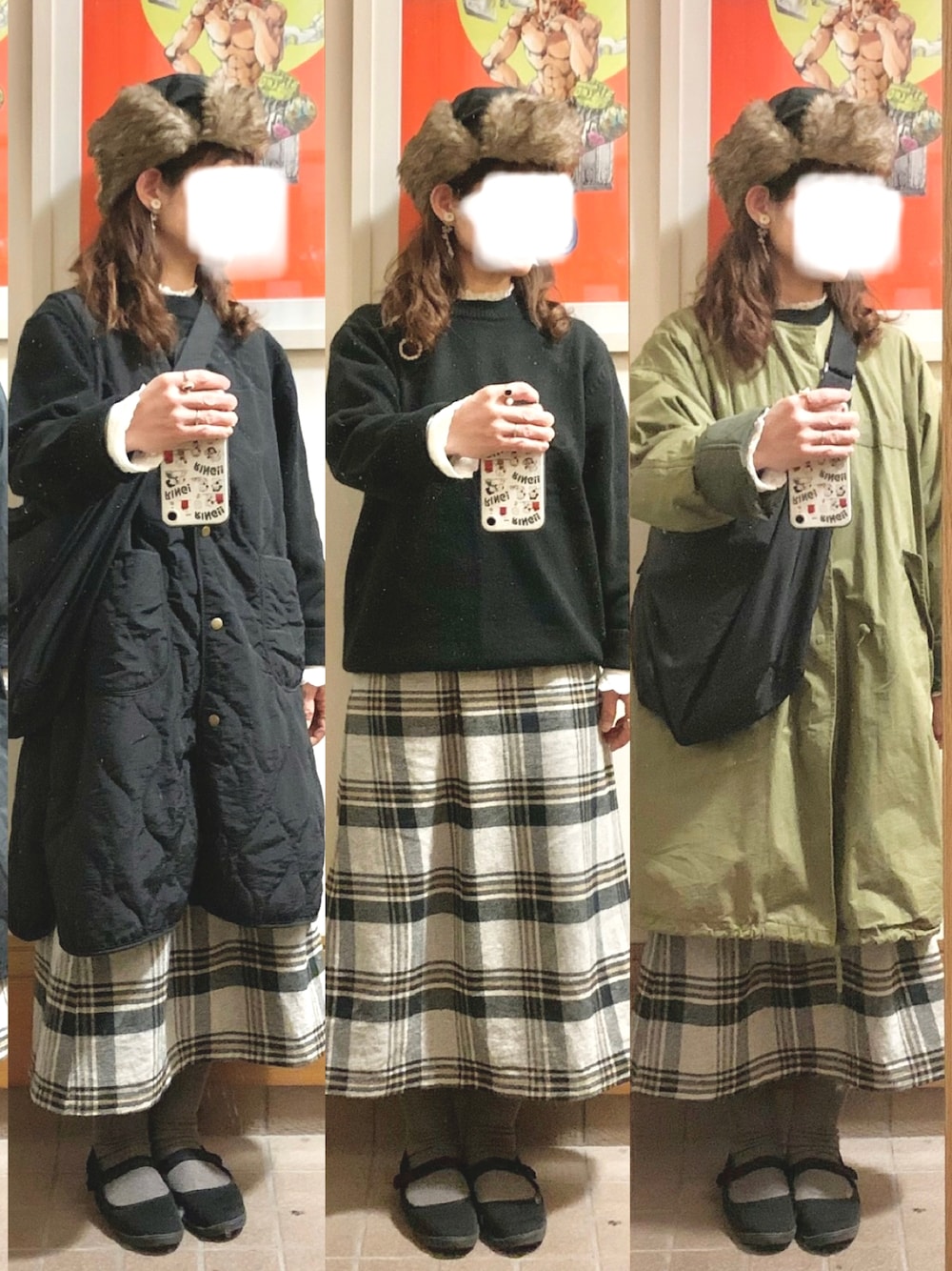 「昨日のコーデ、昨日の服、フライトキャップ、モッズコート、メンズ、ニット、チェック柄」｜「GUのアイテム（ニット/セーター、ブラック系）」を使った、まっきさん（レディース・150cm）の冬コーディネートの1枚目の写真