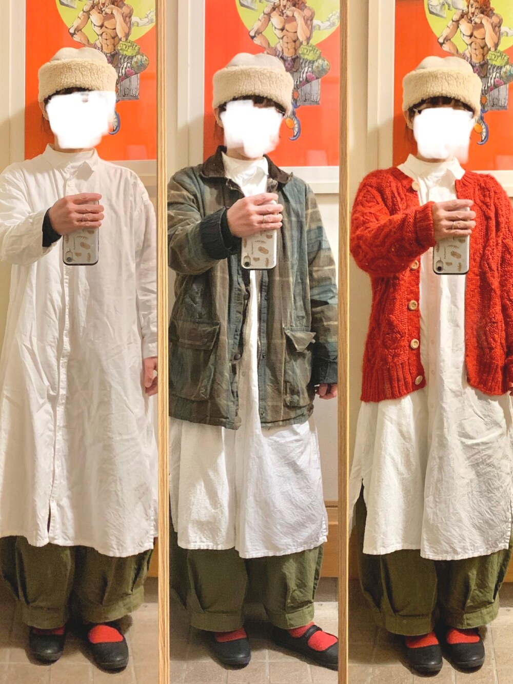 「今日のコーデ、今日の服、ボアハット、シャツワンピ、オイルドジャケット、カーディガン、赤靴下」｜「royal paddockのアイテム（ジャケット/アウター、グリーン系）」を使った、まっきさん（レディース・149cm）の冬コーディネートの1枚目の写真