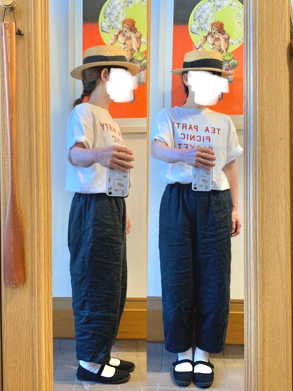「昨日のコーデ、昨日の服、ロゴT、シンプルコーデ、麦わら帽子、作家メイド、リネンパンツ」｜「14+のアイテム（ハット、ブラック系）」を使った、まっきさん（レディース・150cm）の夏コーディネートの1枚目の写真