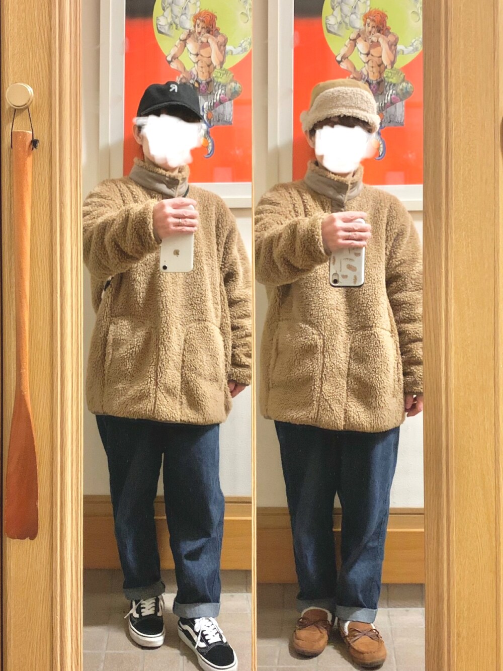 「昨日のコーデ、昨日の服、フリース、デニム、メンズアイテム」｜「UNIQLOのアイテム（その他トップス、ブラウン系）」を使った、まっきさん（レディース・149cm）の冬コーディネートの1枚目の写真
