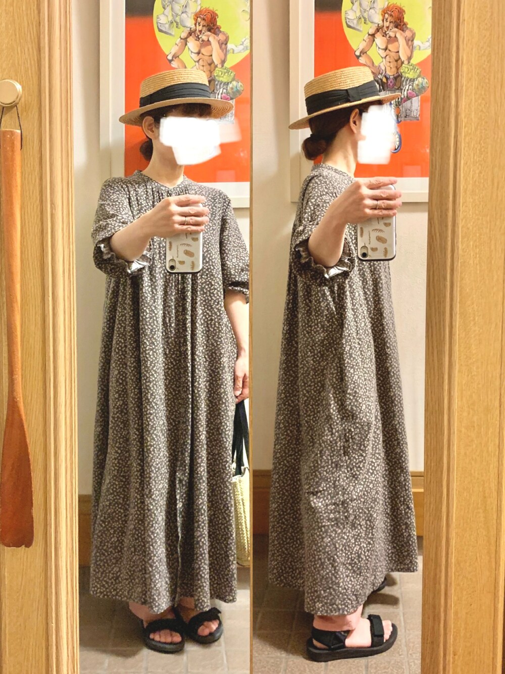 「昨日のコーデ、昨日の服、小花柄、ピンク、スポサン」｜「14+の麦ブレードカンカン帽（ハット、ブラック系）」を使った、まっきさん（レディース・150cm）の夏コーディネートの1枚目の写真