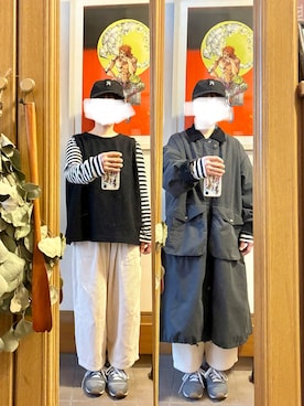 「マルシェ購入品のアイテム（ベスト、ブラック系）」を使った、まっきさん（レディース・150cm）の春コーディネート