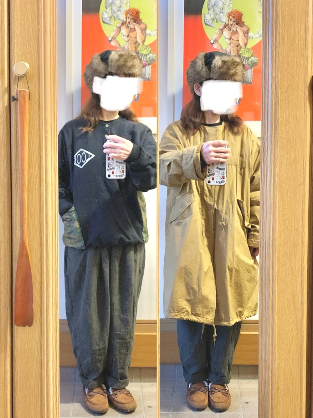 「昨日のコーデ、昨日の服、古着、スウェット、モッズコート、モカシン」｜「リメイク古着のアイテム（スウェット、ブラック系）」を使った、まっきさん（レディース・150cm）の冬コーディネートの1枚目の写真