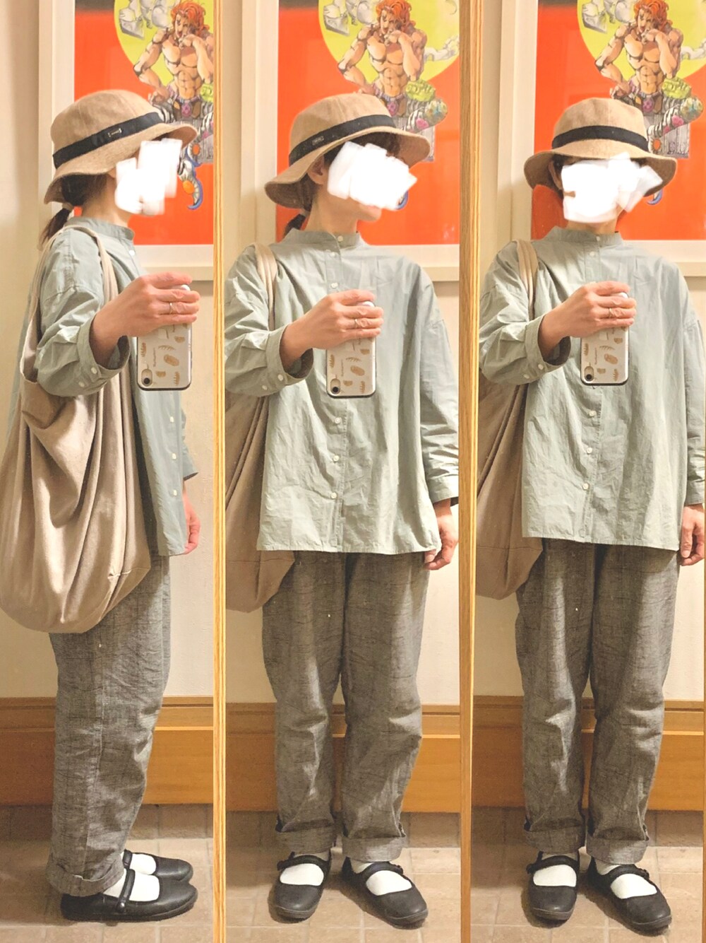 「昨日のコーデ、昨日の服、シンプルコーデ、出勤コーデ、くすみカラー、くすみグリーン、グレンチェック、ストラップシューズ」｜「ORCIVALの【ORCIVAL/オーシバル】Raffia Like PE HAT #RC-7146RLP（ハット、ベージュ系）」を使った、まっきさん（レディース・149cm）の春コーディネートの1枚目の写真