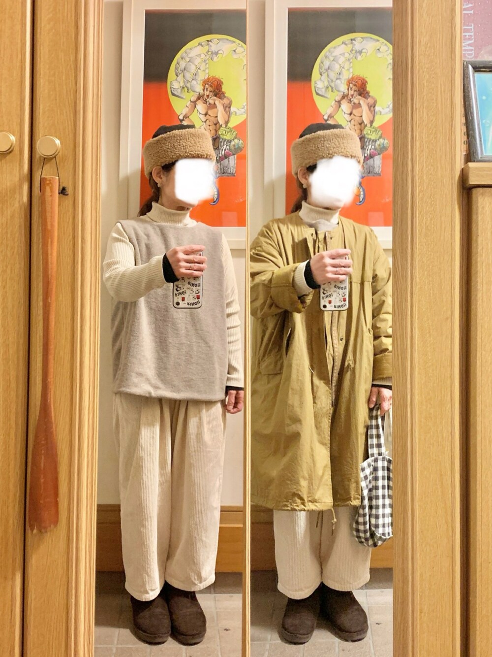 「昨日の服、昨日のコーデ、マルシェ戦利品、ベスト、タートルネック、コーデュロイパンツ、モッズコート」｜「作家メイドのアイテム（ベスト、ベージュ系）」を使った、まっきさん（レディース・150cm）の冬コーディネートの1枚目の写真