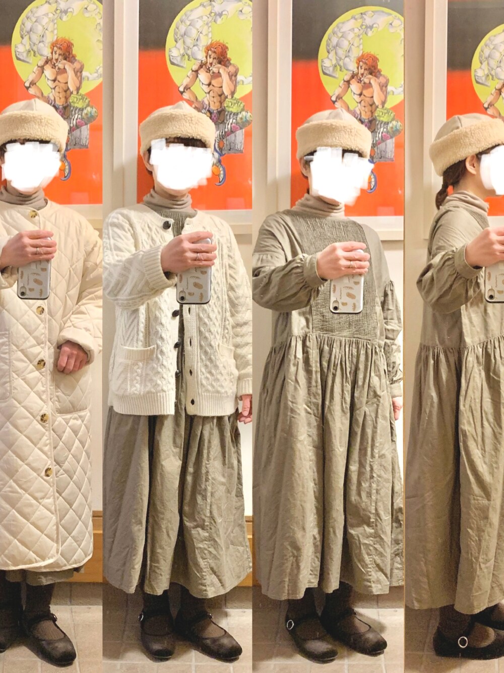 「今日のコーデ、今日の服、前後着ワンピース、カーディガン、キルティングコート」｜「CRAFT STANDARD BOUTIQUEのアイテム（ワンピース、ブラウン系）」を使った、まっきさん（レディース・149cm）の冬コーディネートの1枚目の写真