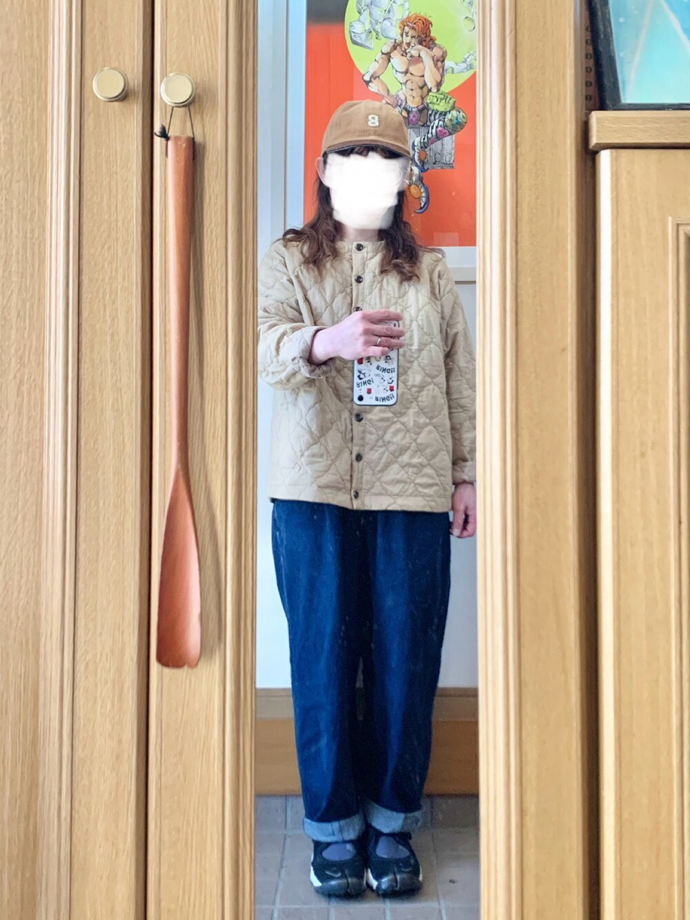 「昨日のコーデ、昨日の服、キャップ、サンバレー、古着、デニム、エアリフト、中古靴」｜「マルシェ購入品のアイテム（キャップ、ブラウン系）」を使った、まっきさん（レディース・150cm）の春コーディネートの1枚目の写真