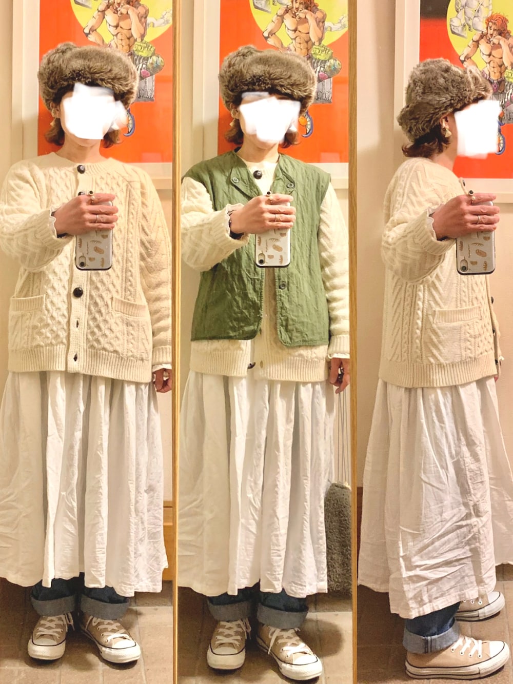 「昨日のコーデ、古着MIX、白コーデ」｜「CONVERSEのアイテム（スニーカー、ベージュ系）」を使った、まっきさん（レディース・149cm）の冬コーディネートの1枚目の写真