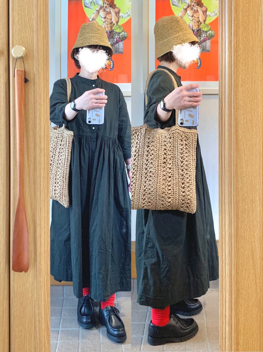 「今日のコーデ、今日の服、休日コーデ、シンプルコーデ、赤靴下」｜「ROPE' PICNICのアイテム（帽子、ブラウン系）」を使った、まっきさん（レディース・149cm）の春コーディネートの1枚目の写真