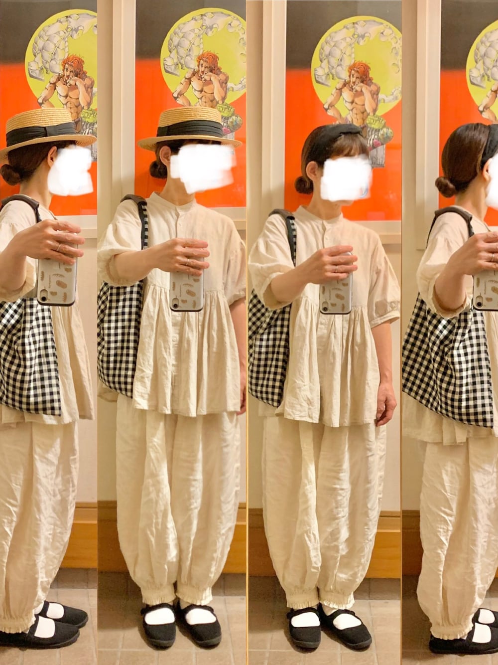 「昨日のコーデ、昨日の服、麦わら帽子、カチューシャ、古着、作家メイド、モノトーン、ホワイトコーデ、ギンガムチェック」｜「作家メイドのアイテム（ショルダーバッグ、ブラック系）」を使った、まっきさん（レディース・150cm）の夏コーディネートの1枚目の写真