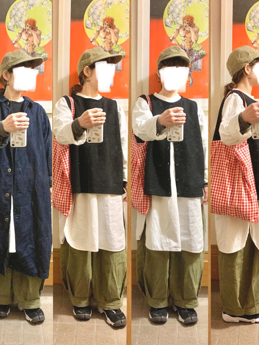 「昨日のコーデ、昨日の服、キャップ、ベスト、古着、リメイク古着、前後着、中古靴」｜「マルシェ購入品のアイテム（ベスト、ブラック系）」を使った、まっきさん（レディース・149cm）の春コーディネートの1枚目の写真
