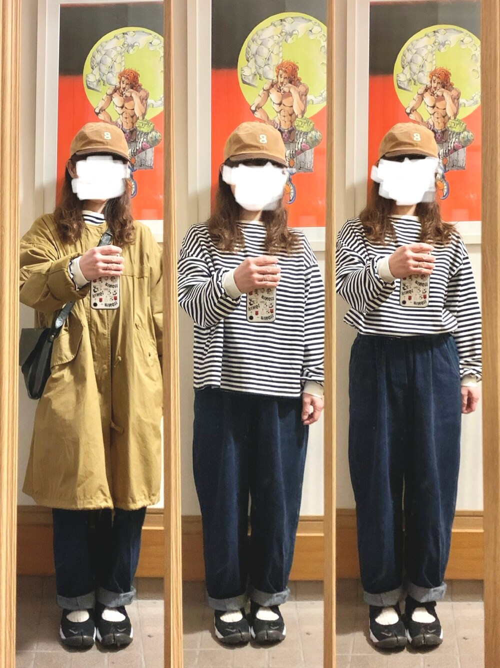 「昨日のコーデ、昨日の服、キャップ、ボーダー、モッズコート、デニム、エアリフト、古着」｜「マルシェ購入品のアイテム（キャップ、ブラウン系）」を使った、まっきさん（レディース・150cm）の春コーディネートの1枚目の写真