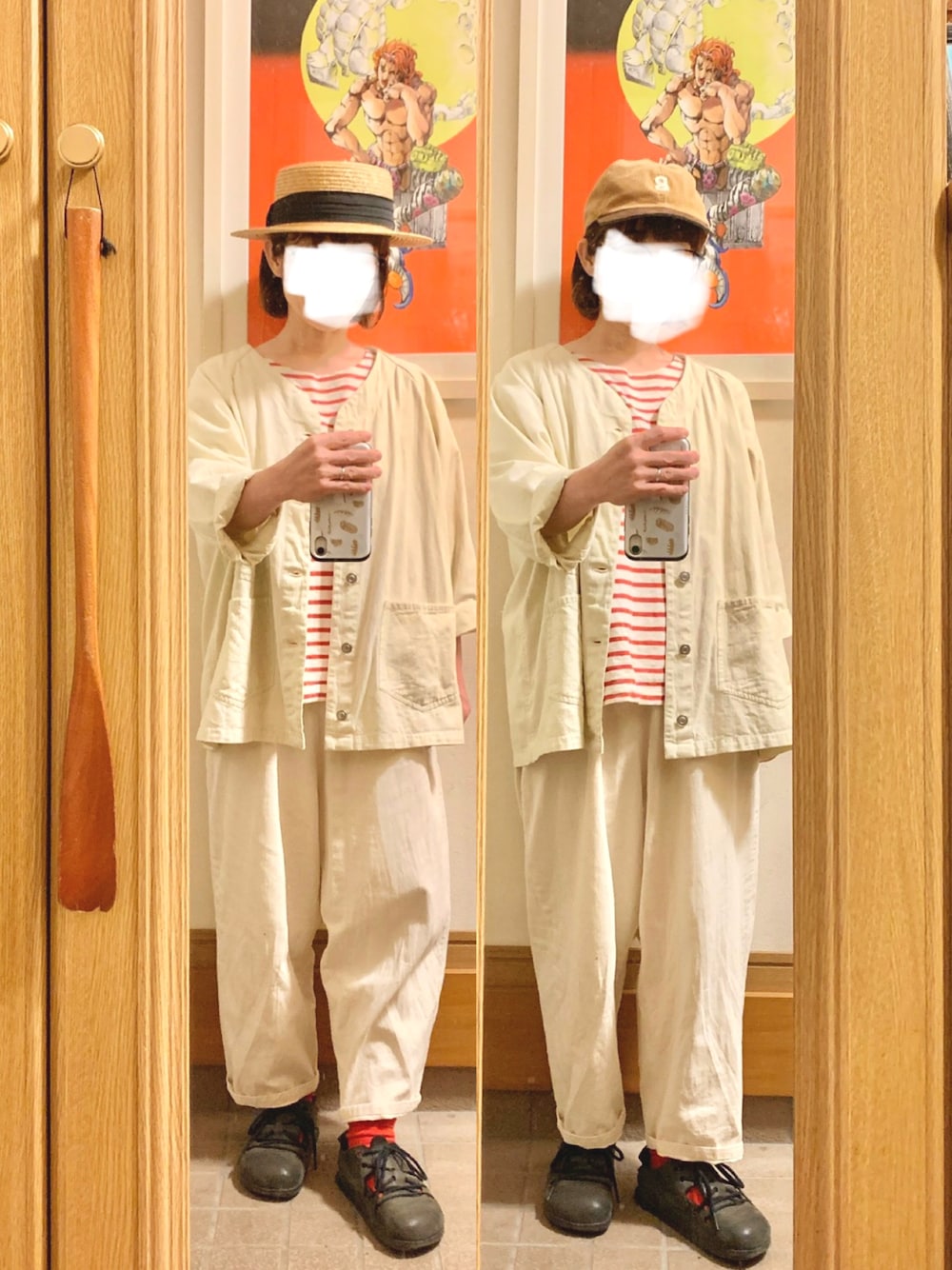 「昨日のコーデ、昨日の服、麦わら帽子、キャップ、セットアップ風、ボーダー、モンタナ」｜「Wordtrobeのアイテム（デニムジャケット、ホワイト系）」を使った、まっきさん（レディース・149cm）の秋コーディネートの1枚目の写真