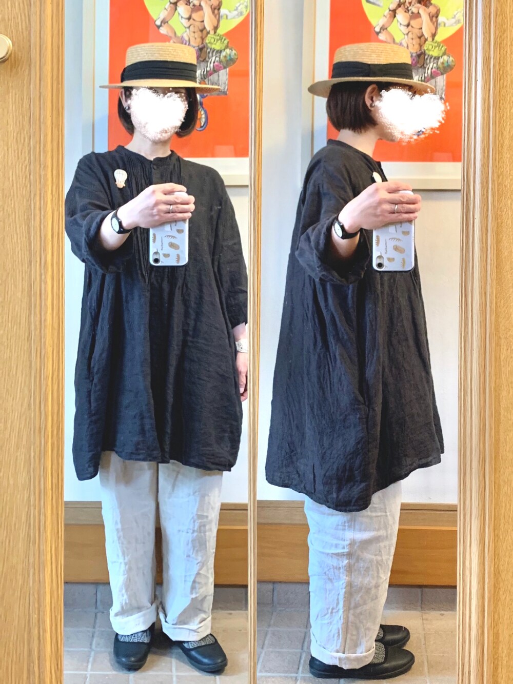 「今日のコーデ、今日の服、シンプルコーデ、麦わら帽子、モノトーンコーデ、古着、リネン、ゆるコーデ」｜「14+の麦ブレードカンカン帽（ハット、ブラック系）」を使った、まっきさん（レディース・149cm）の夏コーディネートの1枚目の写真